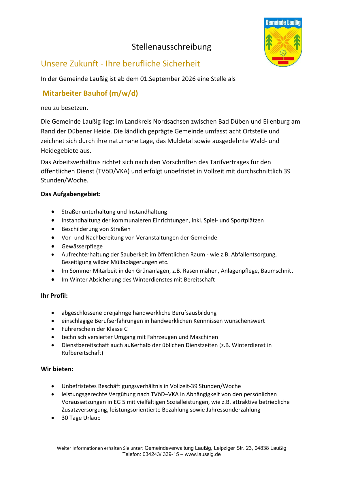 Stellenausschreibung Mitarbeiter Bauhof - Seite 1 Stellenausschreibung Mitarbeiter Bauhof - Seite 1